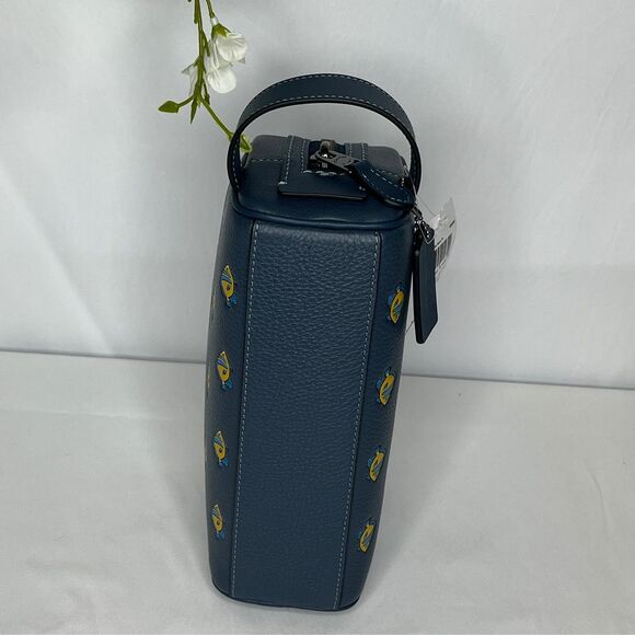 Coach New York Navy Blue Leather Cosmetic Bag, Yellow Fish Print, Dust Bag, NWT - Picture 4 of 13